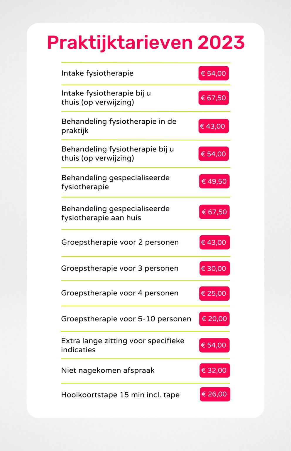 Tarieven 2023 Fysiotherapie Noordhuis